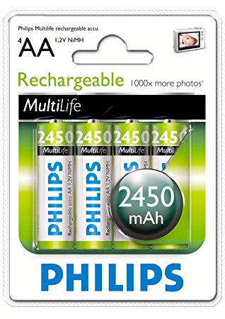 Philips MultiLife NiMH Rechargeable AA Batteries 2450mAh 4PK