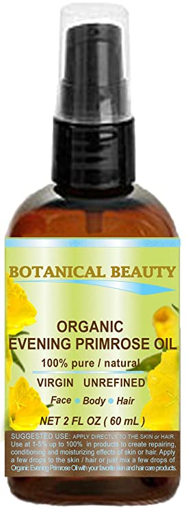 ORGANIC EVENING PRIMROSE OIL. 100% Pure / Natural / Undiluted / Unrefined /Certified Organic/ Cold Pressed Carrier Oil. Rich antioxidant to rejuvenate and moisturize the skin and hair. 2 Fl.oz - 60ml. by Botanical Beauty