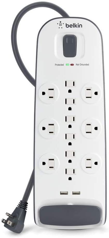 Belkin 12-Outlet USB Power Strip Surge Protector, Flat Plug, 6ft Cord (3,996 Joules), White