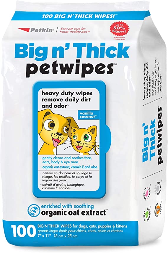 Petkin Petwipes, 100 Wipes – Big 'n Thick Extra Large Pet Wipes for Dogs and Cats – Cleans Face, Ears, Body and Eye Area – Super Convenient, Ideal for Home or Travel – Single Pack of 100 Wipes