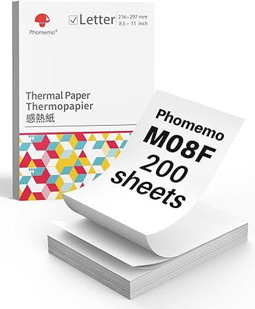 Phomemo US Letter Thermal Printer Paper,Continuous Phomemo M08F Thermal Paper,Compatible with COLORWING M08F, Compatible with Brother Letter Portable Printer, MT800/MT800Q, Size 8.5" x 11",200 Sheets