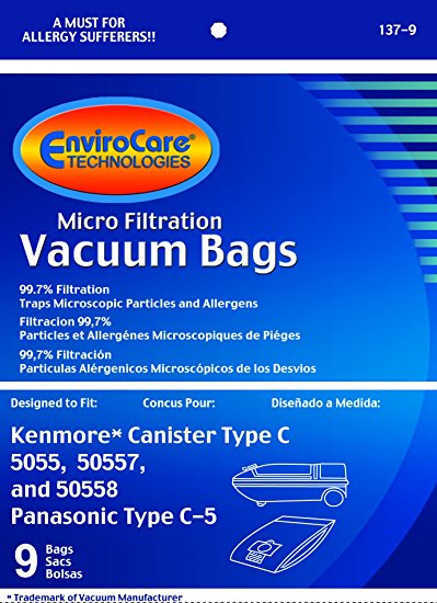 Envirocare Kenmore Mircrofiltration Canister Vacuum Bags - 50558, 5055, 50557 9pk