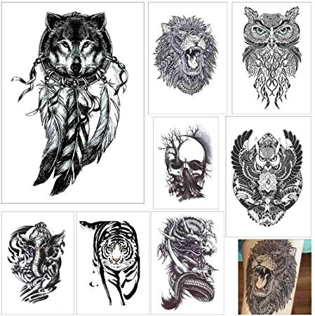 COKOHAPPY 8 Sheets Large Temporary Tattoo Half Arm Extra Sleeve Elephant, Dead Skull, Lion, Owl, Dragon, Tiger, Wolf for Guys Man Shoulder Chest Back