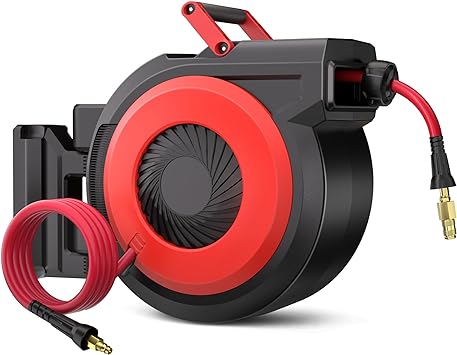 IDEALHOUSE Retractable Air Hose Reel 1/2 in x 50 FT with 5 FT Lead in Max 300 PSI, 180° Swivel Bracket Wall Mount Hybrid Air Compressor Hose Reel with Quick Coupler for Garage Workshop