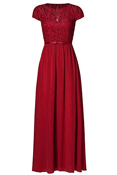 Ssyiz Women's Vintage Floral Lace Cap Sleeve Long Chiffon Bridesmaid Evening Dress (Can be customized)