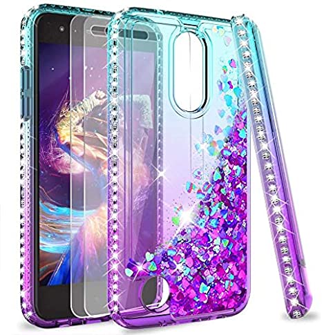 LG Tribute Empire Case,LG Aristo 3/Aristo 2/Aristo 2 Plus/Tribute Dynasty/Fortune 2/Risio 3/Zone 4 Case w/Tempered Glass Screen Protector for Girls,LeYi Glitter Phone Case for LG K8 2018 Teal/Purple