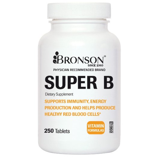 Bronson Labs: Super Vitamin B Complex (Vitamin B2, B3, B6, B9 - Folic Acid, B12), 250 Super B Tablets, Made in USA