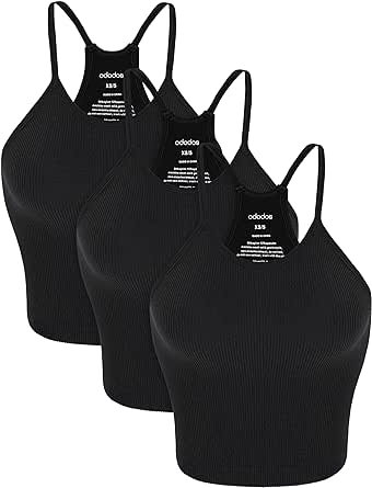 ODODOS Women's Crop 3-Pack Washed Seamless Rib-Knit Camisole Crop Tank Tops