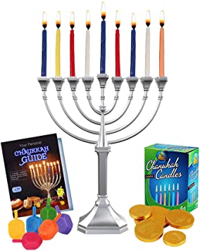 Zion Judaica Hanukkah Value Kit - Full Size Solid Menorah 44 Colored Candles Complete Hanukkah Guide Booklet 6 Colored Dreidels Sack of Milk Belgian Hanukkah Coins Gelt - All Essentials in 1 Box