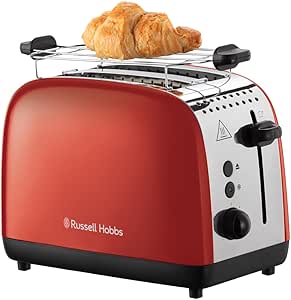 Russell Hobbs Tostadora Colours Plus, 2 Ranuras Cortas y Anchas, Tostador para 2 Rebanadas, Bandeja Recogemigas, Calientapanecillos, Función Cancelar y Descongelar, Acero Inoxidable, Rojo, 26554-56