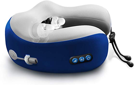 U-Shaped Cordless Electric Travel Pillow - Neck Vertebra Therapeutic Memory Foam Massager - Muscle, Shoulder, Cervical Pain Relief - Wireless Velvet Massage Relaxer for Home, Office, Airp（Royal Blue）
