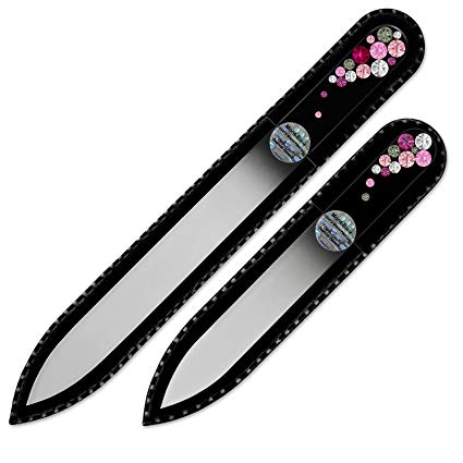 Mont Bleu Premium Set of 2 Glass Nail Files Hand Decorated with Swarovski Elements, in Black Velvet Sleeve, Genuine Czech Tempered Glass - Best Glass Nail Files for natural nails