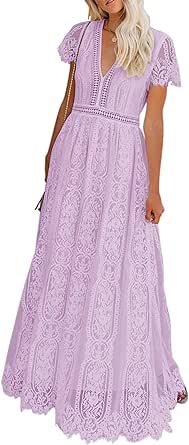 MEROKEETY Women's V Neck Short Sleeve Floral Lace Wedding Dress Bridesmaid Cocktail Party Maxi Dress