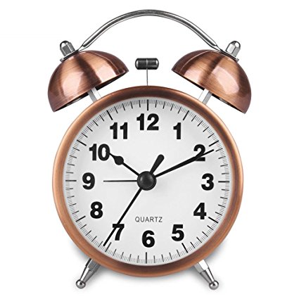 HENSE Retro Twin Bell Alarm Clock Vintage Non Ticking Bedside Morning Wake-up Clock Battery Powered Night-light Loud Alarm Clocks with Bright Copper Color HA41 (3'' # Arabic Number)