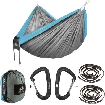 Castle Peak Outfitters XL Double Camping Hammock Swing - Parachute Nylon, Floating Bed, Free Standing Hanging Hammock For Sleeping, Bedroom, Yard, Outdoors, Traveling Everything Included