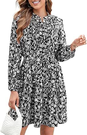 Dokotoo Womens Floral Boho Dress 2024 Casual Crewneck Button Long Sleeve Empire Waist Belted Flowy Mini Dress