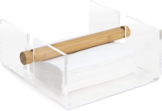 Navaris Acrylic Napkin Holder - Square Clear Plastic Tray for Napkins with Bamboo Weight Bar - Decorative Napkin Holder for Dinner Table or Countertop