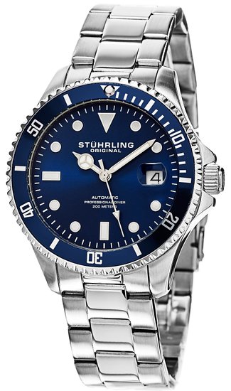 Stuhrling Men's Watch HN792.02 Specialty Automatic Sport "Aquadiver Regatta" Date Stainless Steel Link Bracelet Blue Dial Diver Watch