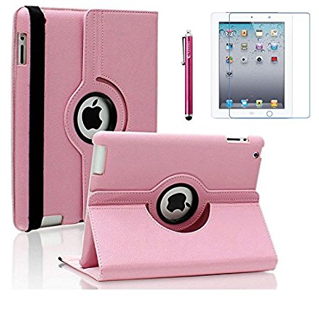 iPad 2 Case, iPad 3 Case, iPad 4 Case, AiSMei Rotating Stand Case Cover with Wake Up/Sleep For Apple iPad 2, iPad 3, iPad 4 [ 9.7-Inch iPad Released before 2013 ] [Bonus Film Stylus] Pink