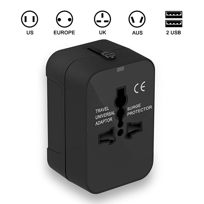 Travel Adapter, Xcords Universal All in One Worldwide Travel Adapter Wall Charger AC Power 2.4A Plug Adapter Dual USB Ports for USA EU UK AUS 150 countries (Dark Black)