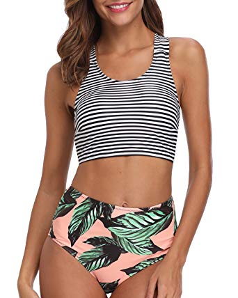 BeachQueen Women Two Piece Swimsuit High Waisted Stripe Printed Bikini Swimwear