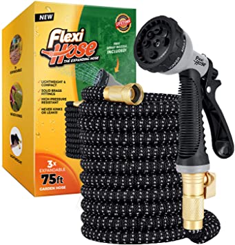 Flexi Hose Upgraded Expandable Garden Hose, Extra Strength, 3/4" Solid Brass Fittings - The Ultimate No-Kink Flexible Water Hose, 8 Function Spray Included (75 FT, Gray/Black)