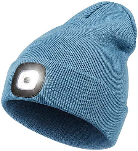 LED Beanie Hat with Light,Unisex USB Rechargeable Hands Free 4 LED Headlamp Cap Winter Knitted Night Lighted Hat Flashlight Women Men Gifts for Dad Him Husband (Blue)