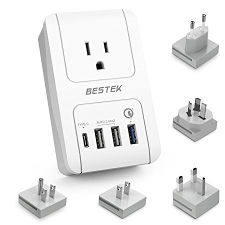 Travel Adapter Kits by BESTEK - Dual 2.4A Smart Identify USB Ports   1 Qick Charge 3.0 USB Port   1 USB C Port   1 AC Outlet Wall Charger with Worldwide Wall Plugs for UK, US, AU, Europe & Asia