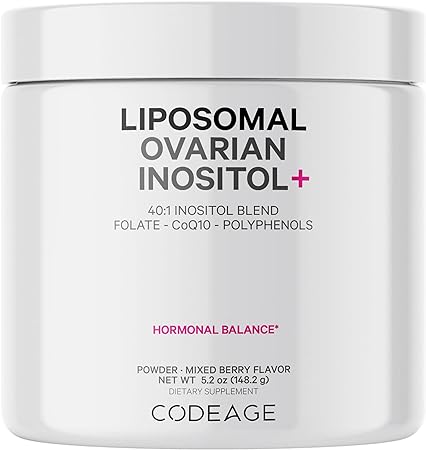 Codeage Liposomal Ovarian Inositol Powder Supplement - Myo-Inositol, D-Chiro-Inositol, Folate & CoQ10 Phytosome - 2-Month Supply - 40:1 Women Hormonal Balance & Fertility Support Blend, Non-GMO, 5.2oz