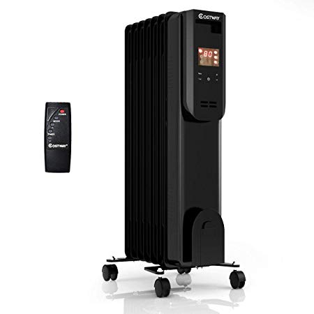 COSTWAY Portable Electric Oil-Filled Space Heater, 1500W Radiator Heater with 12h Timer, Remote Control, Digital Thermostat, Tip-over & Overheat Protection, Energy-Efficient Heater for Home & Office