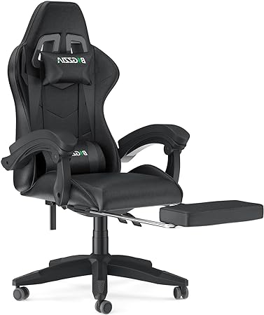 Bigzzia Gaming Chair with Footrest Office Desk Chair Ergonomic Computer Chair PU Leather Reclining High Back Adjustable Swivel Lumbar Support Racing Style E-Sports Video Gamer Chairs (Black)