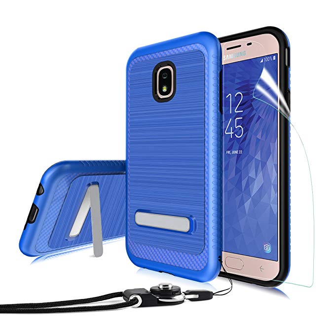 Samsung Galaxy J3 2018/J3 Achieve/J3V J3 V 3rd Gen/Express Prime 3/Amp Prime 3 2018 Case [Brushed Texture],OEAGO Dual Layer Kickstand Protective Cover with Neck Lanyards for Galaxy Sol 3 - Blue