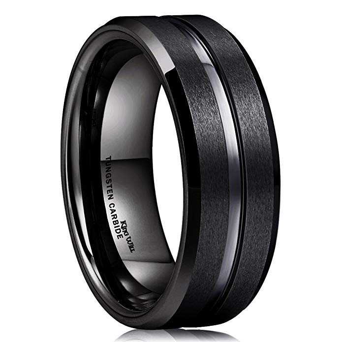 King Will Classic Men Black Tungsten Carbide 8mm Polished Matte Brushed Finish Center Wedding Band Ring