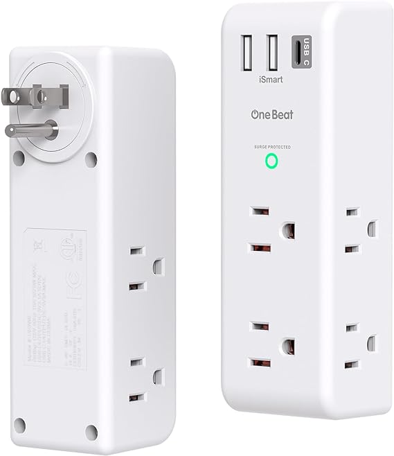 2 Pack Surge Protector Outlet Extender with Rotating Plug, 6 AC Multi Plug Outlet with 3 USB Ports (1 USB C), 1800 J, 3-Sided Swivel Power Strip with Spaced Outlet Splitter for Dorm Office, White