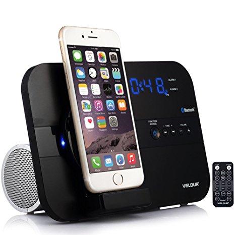 VELOUR Apple Lightning Speaker Dock for iPhone 6S,6,6plus, 5,5s,Mini with Bluetooth FM Radio clock and Charger [Apple MFi Certified]