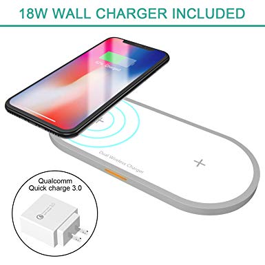 Dual Wireless Charger Fast Charging Station, Hometall 18W Dual Wireless Charging Pad with Cable & Qualcomm 3.0 Quick Charge Wall Adapter,Certified Qi Wireless Charger for iPhone AirPods Samsung(White)