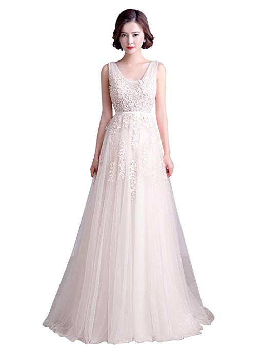 Babyonline Women's Double V-Neck Tulle Appliques Long Evening Cocktail Gowns