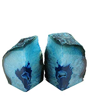AMOYSTONE Teal Dyed Cut Agate Bookends 3-4 lbs Genuine Brazilian with Rubber Bumper