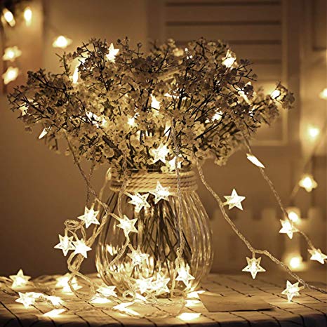 Tencoz Star String Lights,Battery Operated String Lights with 50 LED Star Curtain Lights for Bedroom Curtain Wedding Birthday Holidays Rooms Indoor or Outdoor Decoration(Warm White)