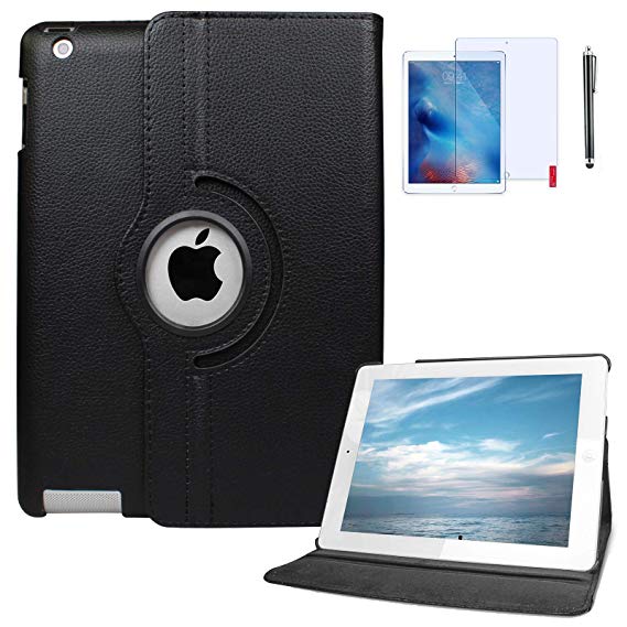 iPad 6th Generation Cases 2018/2017 (6th,5th) 360 Degree Rotating Stand Protective Hard-Cover Folding Case with Auto Wake/Sleep Feature with Bonus Screen Protector and Stylus (Black)