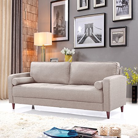 Divano Roma Furniture Mid Century Modern Linen Fabric Living Room Sofa (Beige)