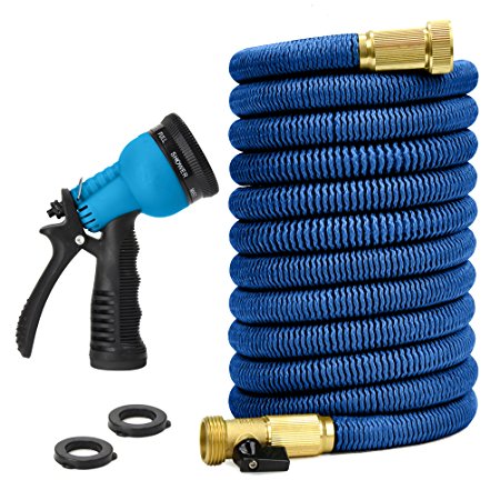 Glayko Tm 100 Feet Expandable Garden Hose - NEW 201 Super Strong Construction- Strong Webbing -Solid Brass End   8 Function Spray Nozzle and Shut-off Valve,