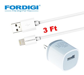 FORDIGI® APPLE CERTIFIED (3.1 Ft) USB Sync and Charging Lightning Cable   2 Tone Travel AC Power Wall Charger Adapter for iPhone(5/5S/5C), iPad Air, iPad Mini/Mini Retina, iPod Touch 5th Generation and iPod Nano 7th Generation (3 Ft. White)