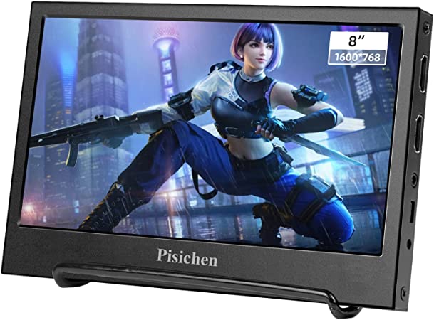 Small Monitor- Pisichen 8 Inch Portable Monitor HD 1600X768 Mini Gaming Display, HDMI/USB/DC/Audio Input, 5ms, Built-in Speakers, External Screen for PC PS3 PS4 Xbox360 Computer Raspberry Pi