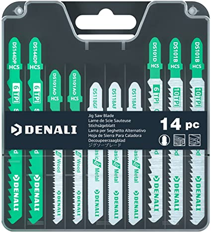 Amazon Brand - Denali T-Shank Jig Saw Blade for Wood and Metal (6T, 10T, 20T, 21T, 32T), 14-Pieces