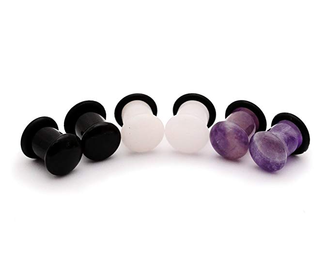 Mystic Metals Body Jewelry Set of 3 Pairs Single Flare Stone Plugs - 4g - 5mm - (White Jade, Amethyst, Black Agate)