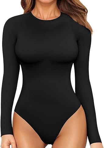 MANGOPOP Body Suits for Womens Crew Neck Long Sleeve Tops Bodysuit T Shirts Jumpsuit