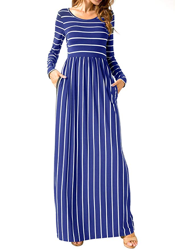 levaca Women's Long Sleeve Pleated Pockets Loose Casual Maxi Long Dress