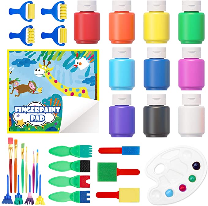 Washable Finger Paint Set, Shuttle Art 33 Pack Kids Paint Set with 10 Colors (60ml) Finger Paints Brushes, Finger Paint Pad SpongeBrushes Palette, Non Toxic for Toddlers Home Activity Early Education