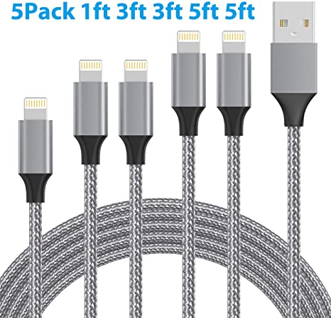 EASHION iPhone Charger, Lightning Cable 5Pack 1ft 3ft 3ft 5ft 5ft Nylon Braided iPhone Charger Cable for Charging and Syncing Compatible with iPhone 11/11 Pro/X/XS/XR/XS Max/8/8 Plus/7 Plus, Dark Grey